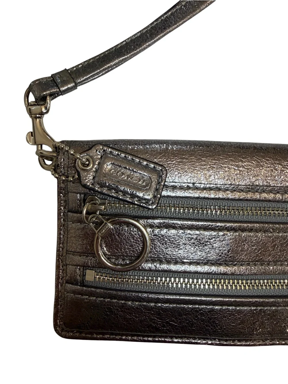 Coach Poppy Metallic Silver Leather Wristlet Clutch - Picture 2 of 5